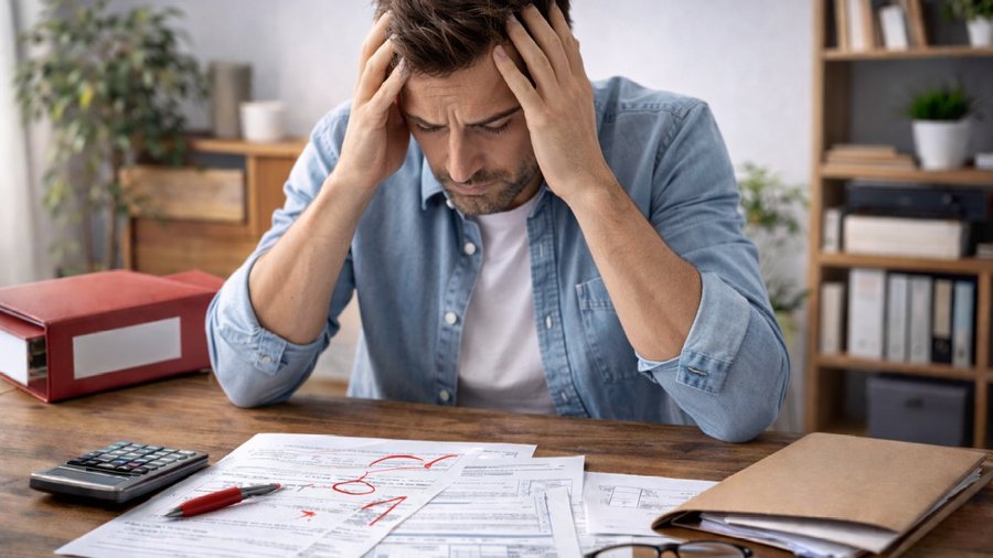 Pozor na chyby pri podávaní daňového priznania Muž zmätený pri vypĺňaní daňového priznania s chybami v dokumentoch